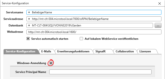 Option Windows-Anmeldung im Service Manager markiert