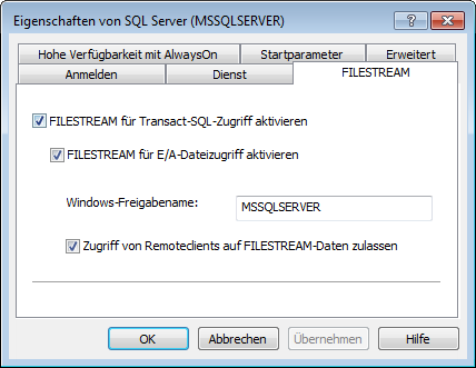 im Tab Filestream markieren der Optionen Filestream für Transact-SQL-Zugriff aktivieren, Filestream für Dateizugriff aktivieren und Zugriff von Remoteclients auf Filestream-Daten zulassen