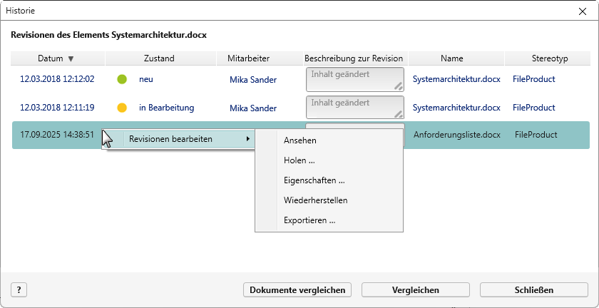 Bearbeitungsdialog der Historie eines Verzeichnisses oder einer Datei mit Kontextmenübefehlen einer Revision