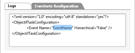 in der Registerkarte Erweiterte Konfiguration ist für den Task Event an Element senden der zu ersetzende Werte blau markiert 