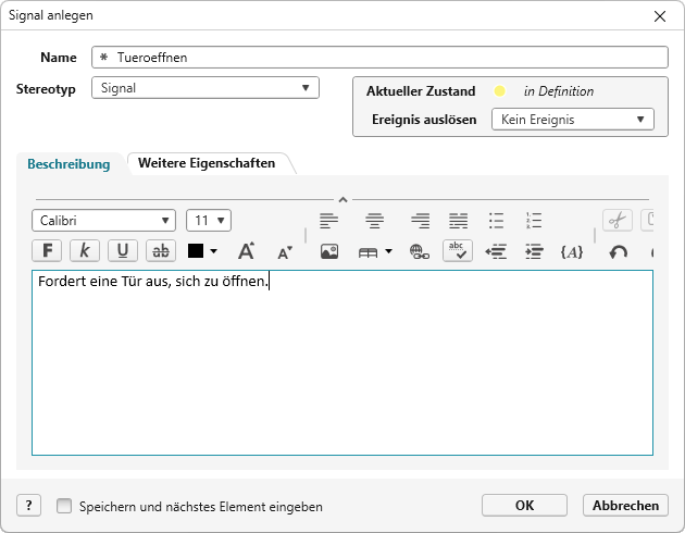 Bearbeitungsdialog eines Signals Bearbeitungsdialog eines Signals