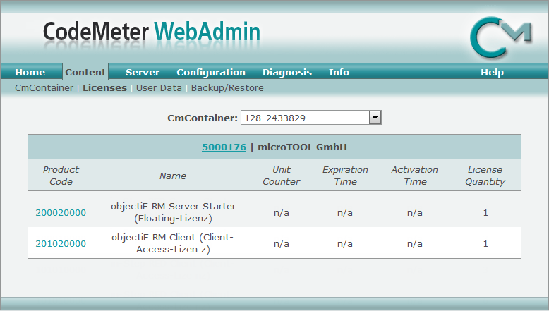 Lizenzcontainer mit Beispiellizenzen für den objectiF RM Server und den objectiF RM Client