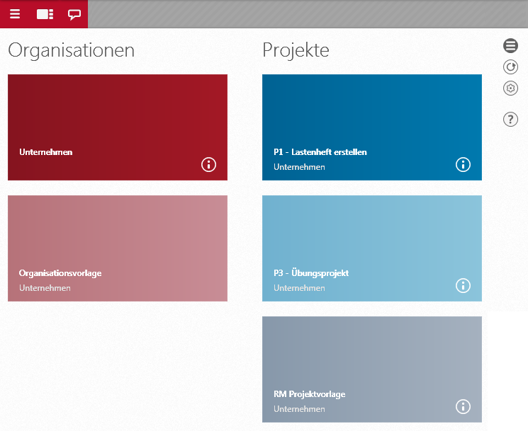 Userboard mit einer Organisation (rot), einem Projekt (blau) und den Vorlagen