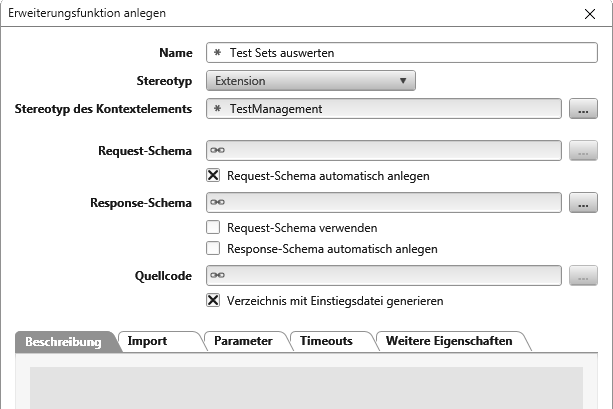 Bearbeitungsdialog einer Erweiterungsfunktion mit markierten Optionen Request-Schema automatisch anlegen und Verzeichnis mit Einstiegsdatei generieren