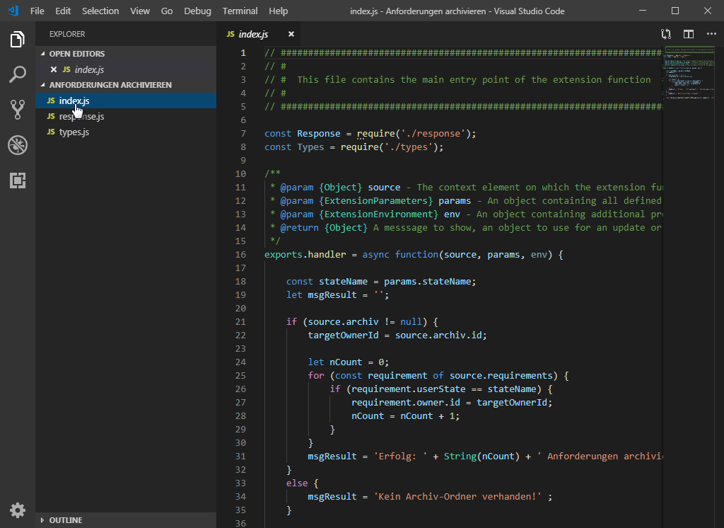 in Visual Studio Code ist die Javascriptdatei index markiert