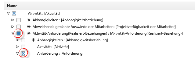 hierarchische-abfrage-beziehung-ausblenden Baumansicht mit mehreren Elementen, darunter „Aktivität“, „Abhängigkeiten“ und „Anforderung“. Einige Elemente sind geöffnet, andere eingeklappt. Zwei Kontrollkästchen sind aktiviert, eines davon teilweise.