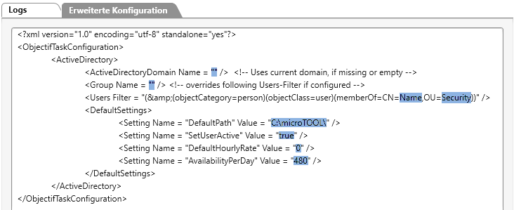 in der Registerkarte Erweiterte Konfiguration sind für den Task Benutzer importieren zu ersetzende Werte blau markiert 