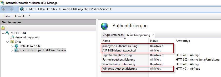 Windows-Authentifizierung für den Web-Service einstellen Windows-Authentifizierung für den Web-Service einstellen