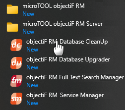 Mausklick auf objectiF RM Database CleanUp in der Programmgruppe microTOOL objectiF RM Server