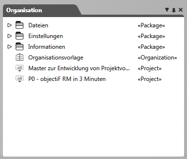 Fenster Organisation mit verschiedenen Packages und Projekten
