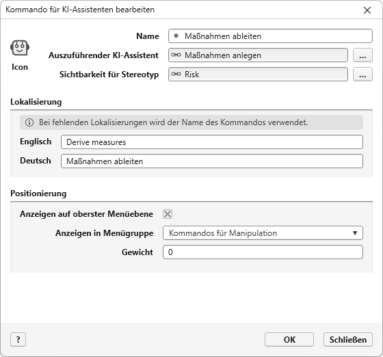 Konfigurationsdialog für Befehl einer KI-Funktion