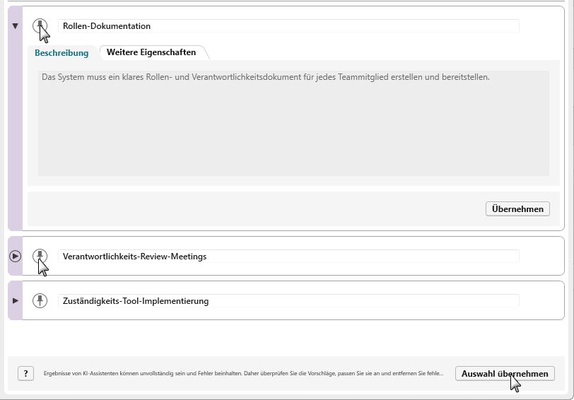 Vorschläge anpinnen und übernehmen