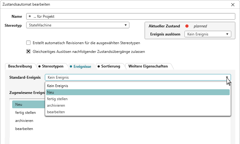 Standardereignis auswählen