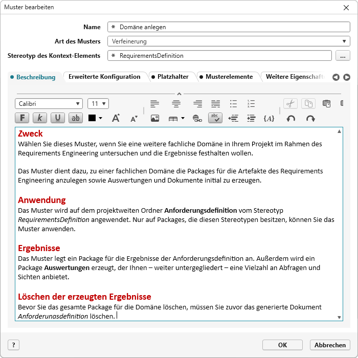 Bearbeitungsdialog eines Musters Bearbeitungsdialog eines Musters