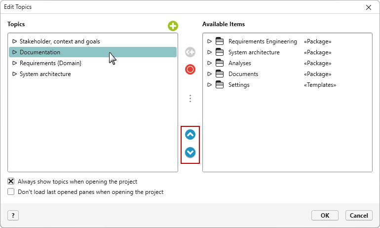 Sort topics using the arrow buttons Sort topics using the arrow buttons