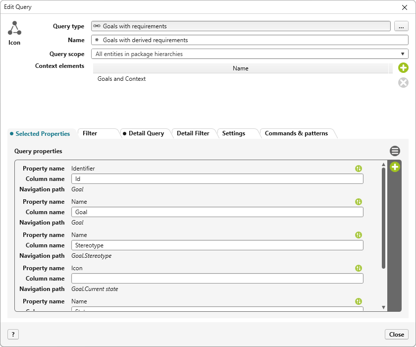 Edit dialog for a query with associated properties Edit dialog for a query with associated properties