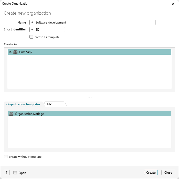 Organization Creation Dialog Organization Creation Dialog