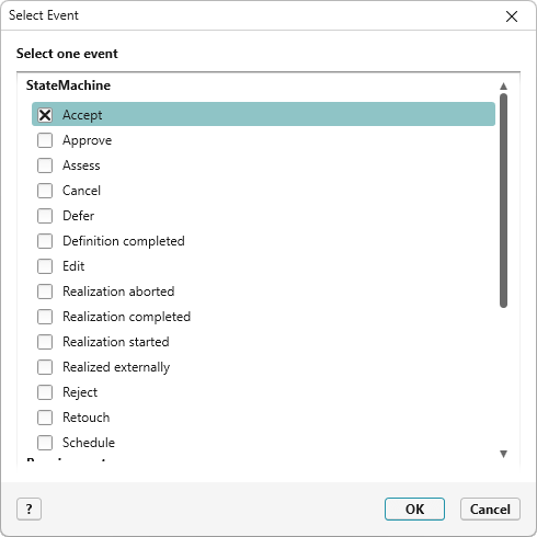 Accept is selected in the event selection dialog Accept is selected in the event selection dialog