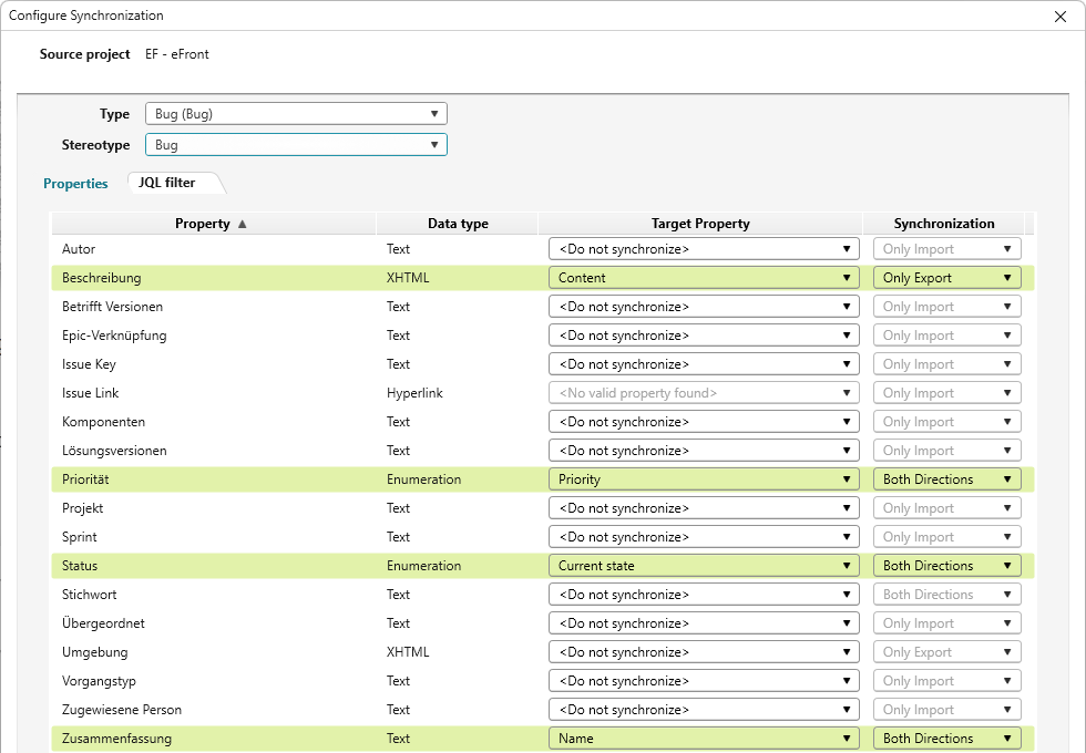 Automatically mapped properties are highlighted in green Automatically mapped properties are highlighted in green