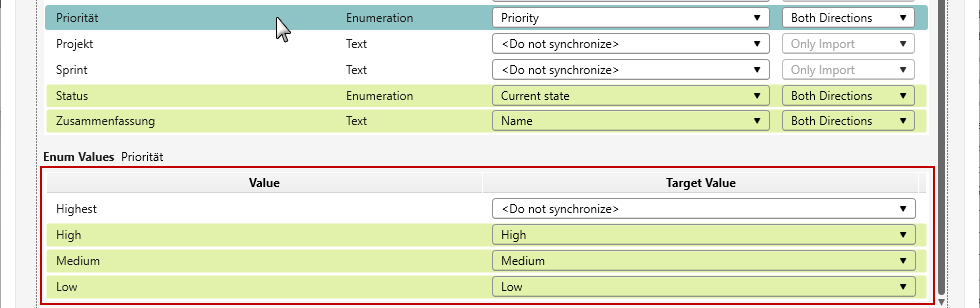 Selected mapping of the values for the Priority property Selected mapping of the values for the Priority property