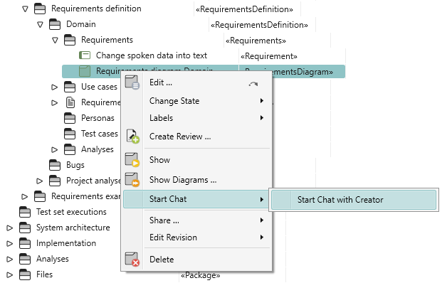 Start chat context menu command on a requirements diagram