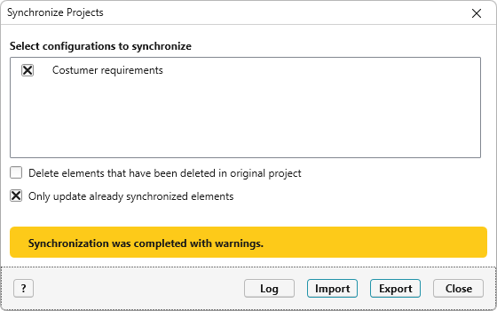 Synchronization dialog after synchronization has been performed, with completion message Synchronization dialog after synchronization has been performed, with completion message
