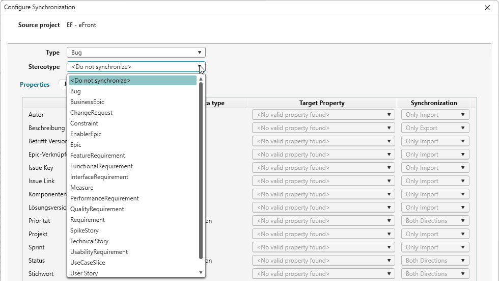 Type assignment in the mapping dialog Type assignment in the mapping dialog