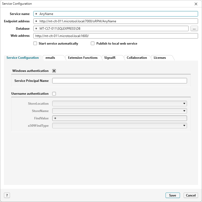 configuration dialog of a service in objectiF RPM