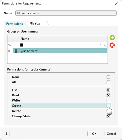 Permissions dialog Permissions dialog